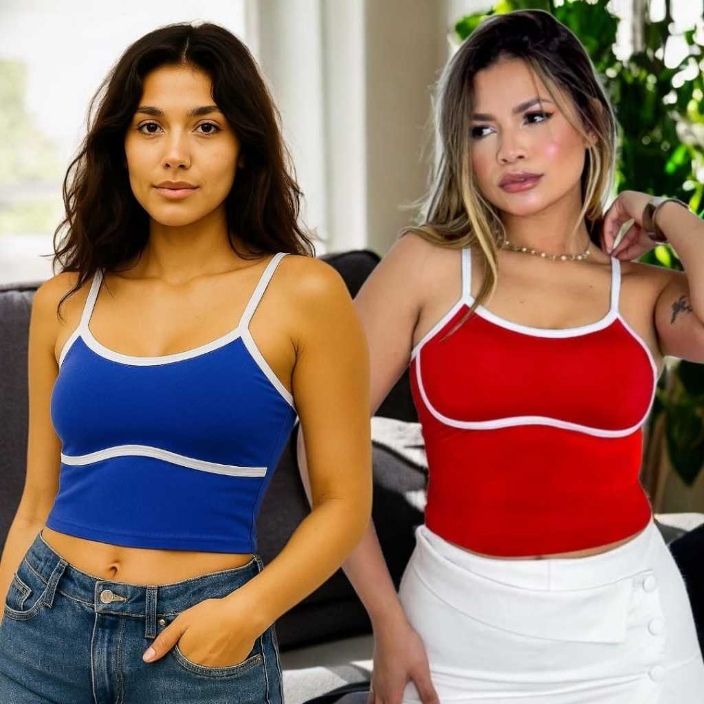 kit com 2 cropped bicolor tecido suplex tendência moda primavera verão, com bojo em Oferta na Shopee