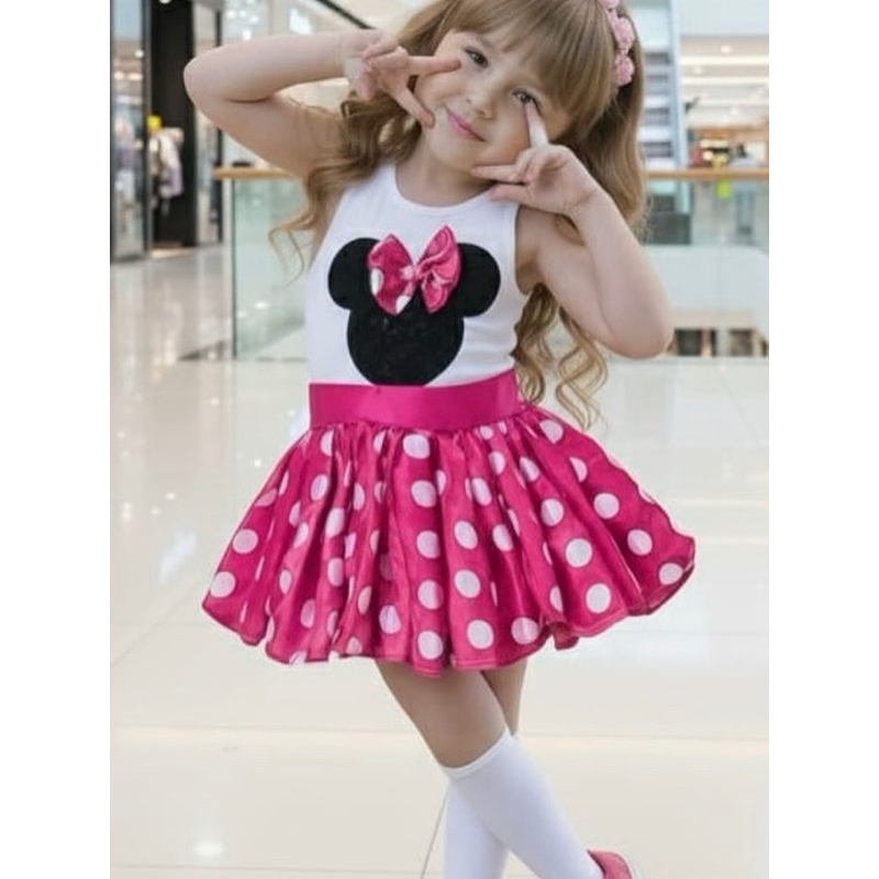 conjunto minei body  e saia rosa de bolinhas