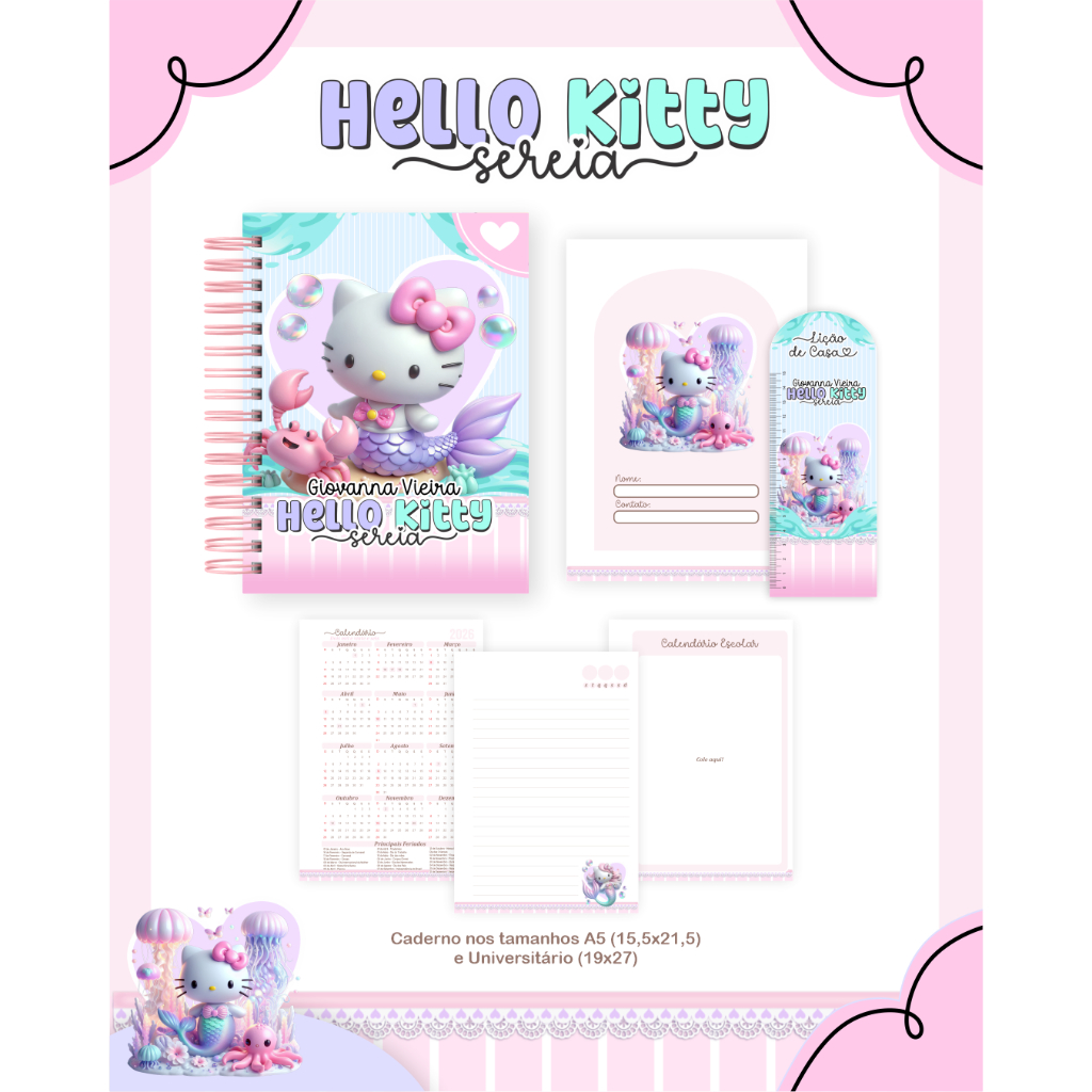 Agenda e Caderno Hello Kitty Sereia Personalizado | Capa Dura | Envio Imediato
