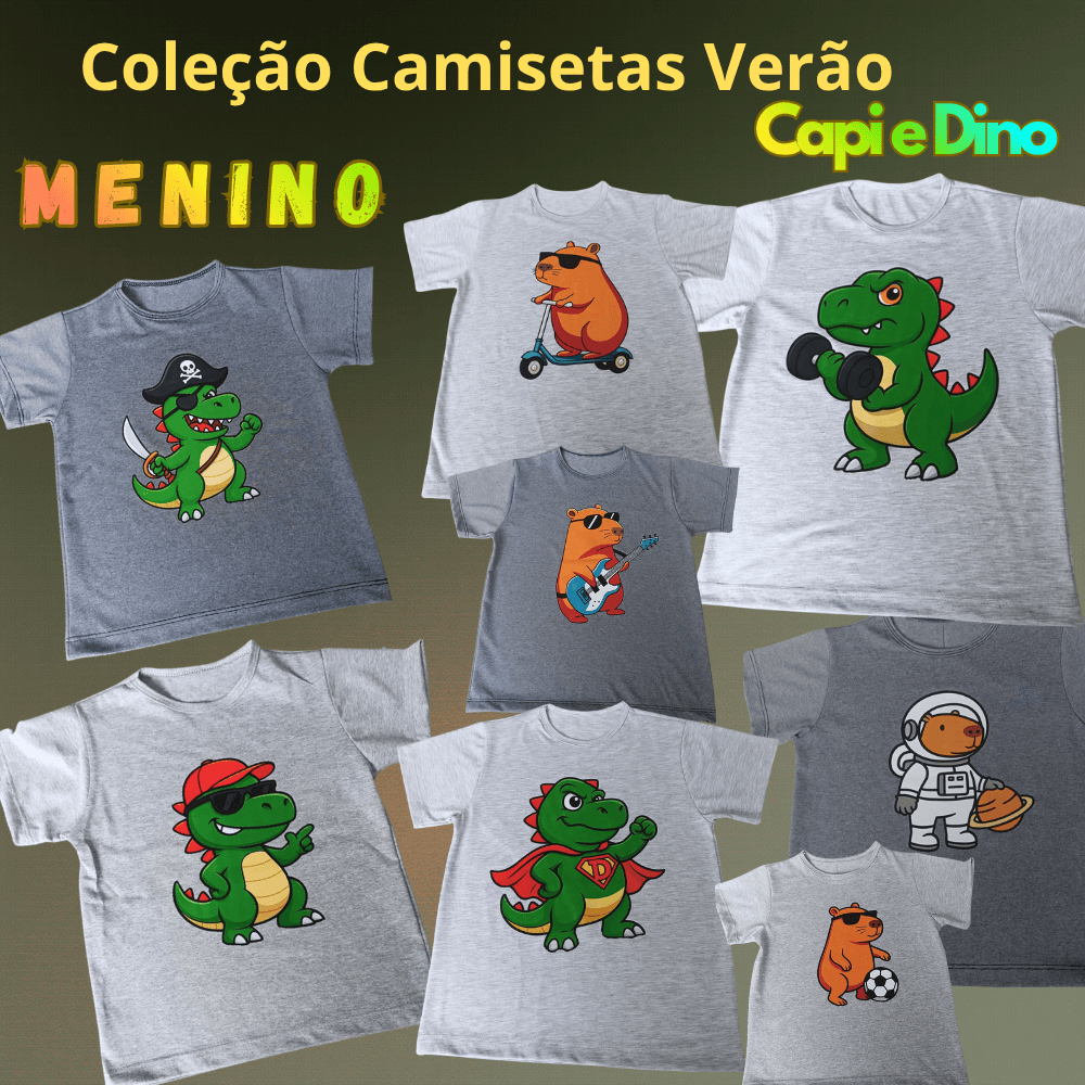 Camisetas menino coleção verão capivara e dinossauro estampado do 2 ao 10 anos