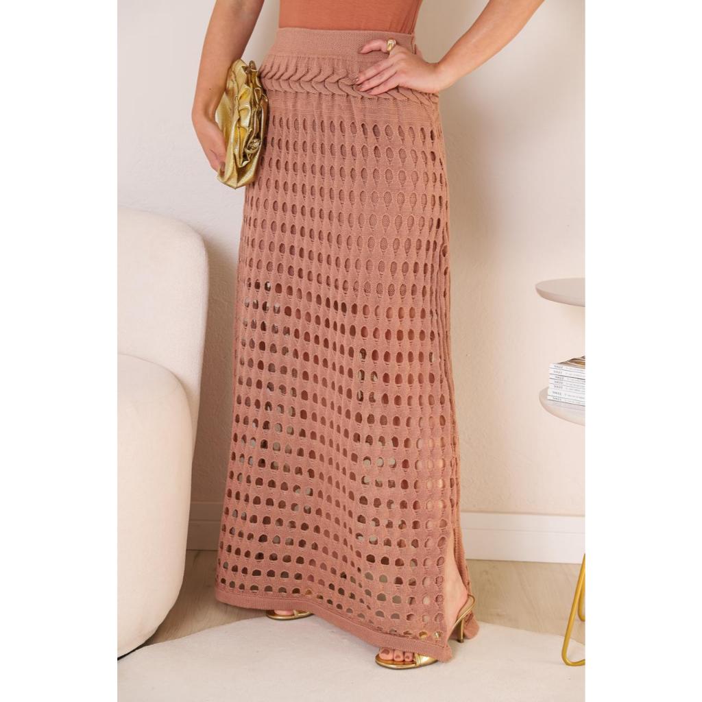 Saia Longa Tricot Verão Textura Trança Elegante Fenda Moda Feminina Tendência em Oferta na Shopee