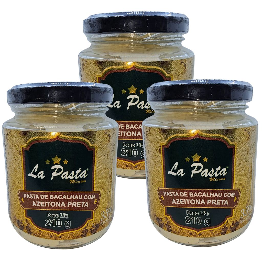 Pasta De Bacalhau com Azeitona Preta Pote 210g La Pasta com 35% de Bacalhau  Kit com 3 unidades