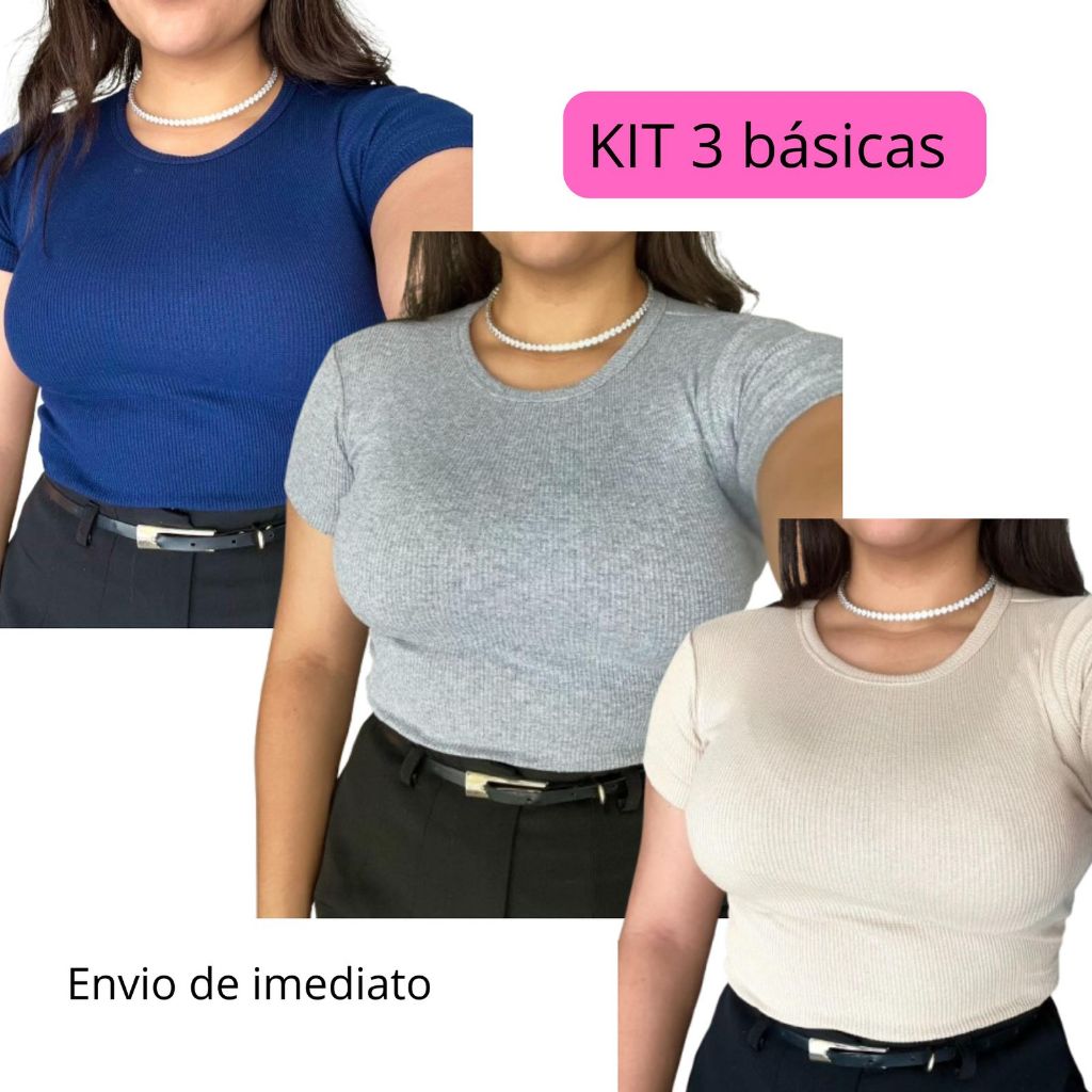 KIT 3 Blusas Feminas Estilosa Ribana Canelado Elegante Tendência Verão algodão