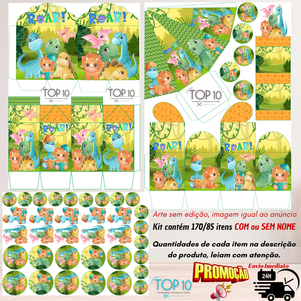 Kit de Lembrancinhas Personalizadas com 170/85 itens  TEMA: DINOSSAURO BABY - Envio rápido