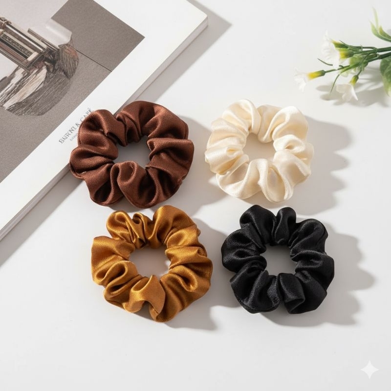 Xuxinha de cetim, scrunchie de cabelo, xuxa preta, marrom, branca, anti-frizz, gominha, acessório, blogueira