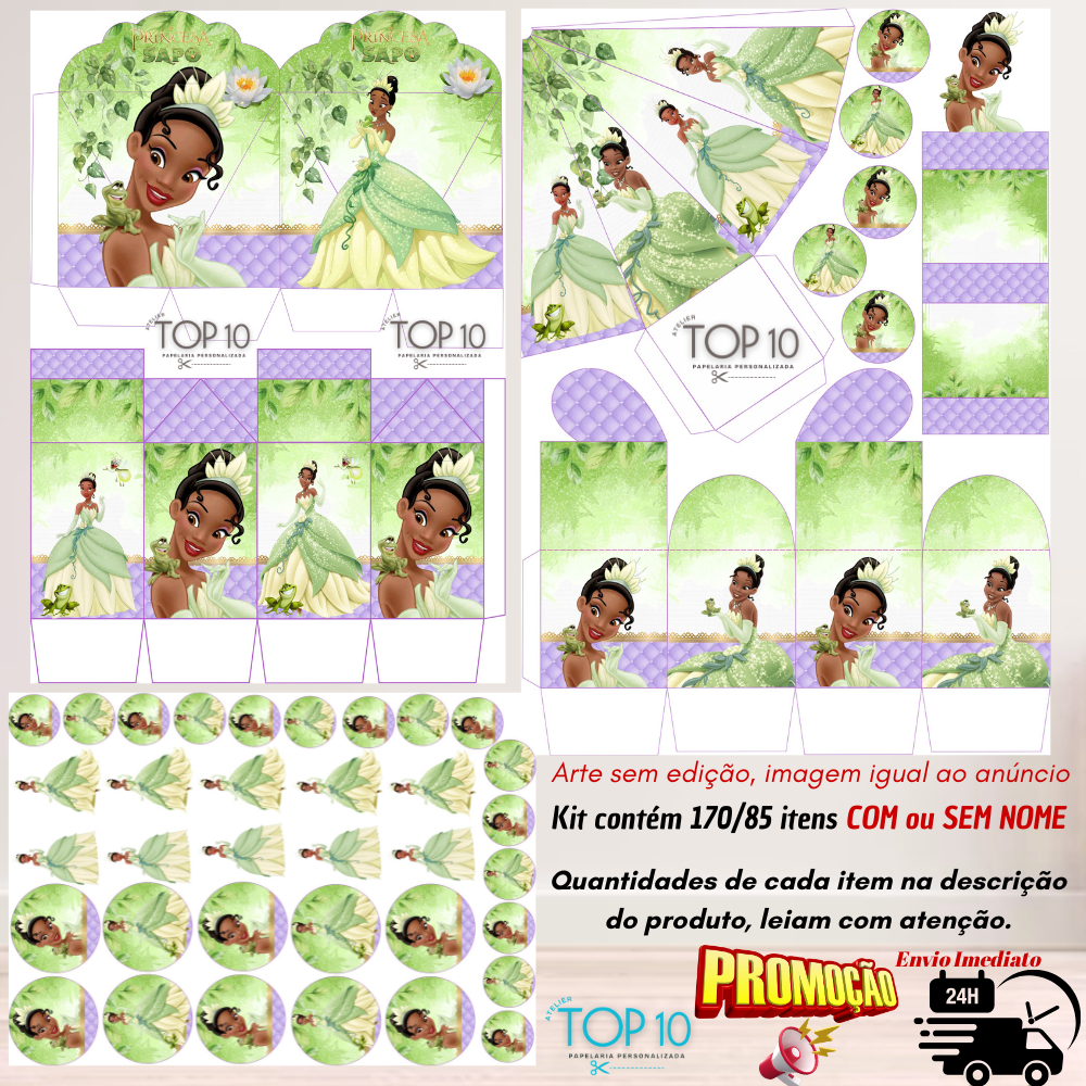 Kit de Lembrancinhas Personalizadas com 170/85 itens  TEMA: A PRINCESA E O SAPO Envio rápido