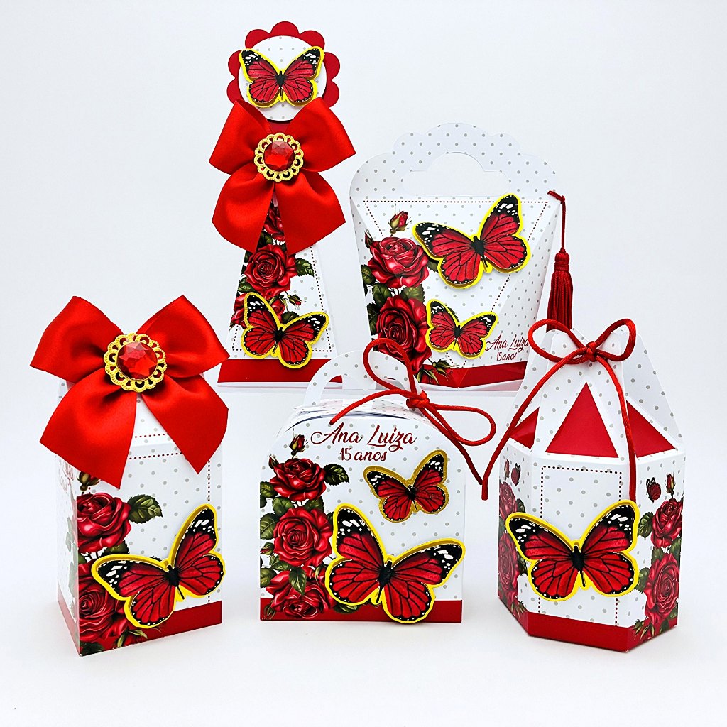 Kit Festa Personalizado Borboleta Vermelha - Lembrancinhas para Festa - Caixinhas Personalizadas