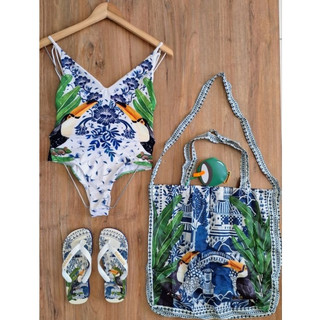 ORIGINAL! Kit Conjunto Praia Farm Estampa Azulejo Macau: Maiô + Havaianas + Sacolinha Coco (Tucano)
