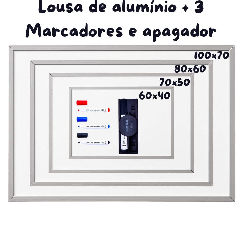 Lousa Quadro Branco Moldura em alumínio + 1 Apagador e 3 Marcadores em Oferta na Shopee