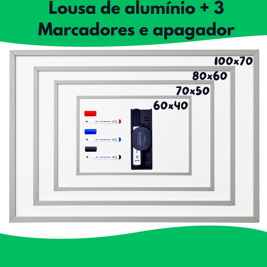 Quadro Lousa Branco Escolar Moldura em Alumínio + 3 Marcadores e 1 Apagador em Oferta na Shopee