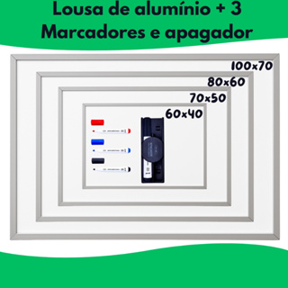 Quadro Lousa Branco Escolar Moldura em Alumínio + 3 Marcadores e 1 Apagador em Oferta na Shopee