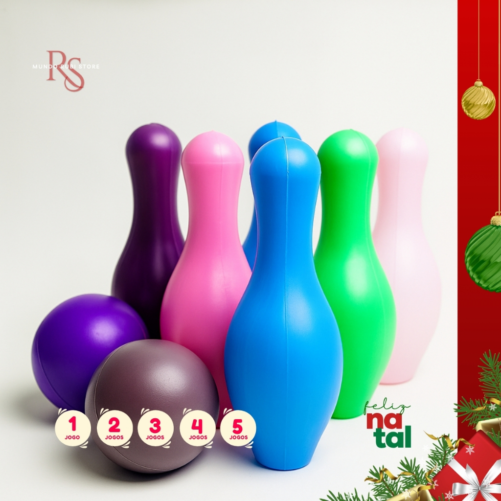 Jogo Boliche Infantil Divertido Natal - 6 Pinos 22cm + 2 Bolas Diversas Cores - 1 à 5 Unid. - Envio Imediato
