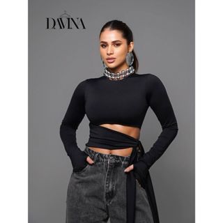 Blusas Cropped Feminino Suplex Manga Longa com Amarração na Cintura Disfarça Barriga Moda Gringa em Oferta na Shopee