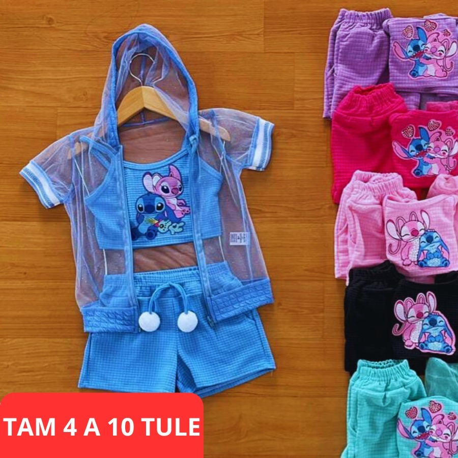 Conjunto GLITER TULE Manga Curta Tres Peças Infantil  Feminino com Jaquetinha e Shorts – Tamanho 4 ao 10 Blogueirinha