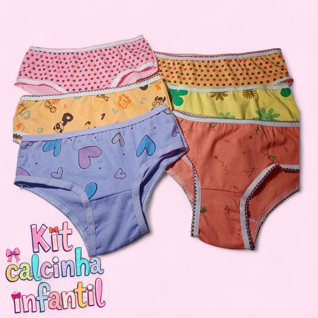 kit Calcinha Infantil 100% Algodão com Cós Elástico 12 Peças Confortáveis.