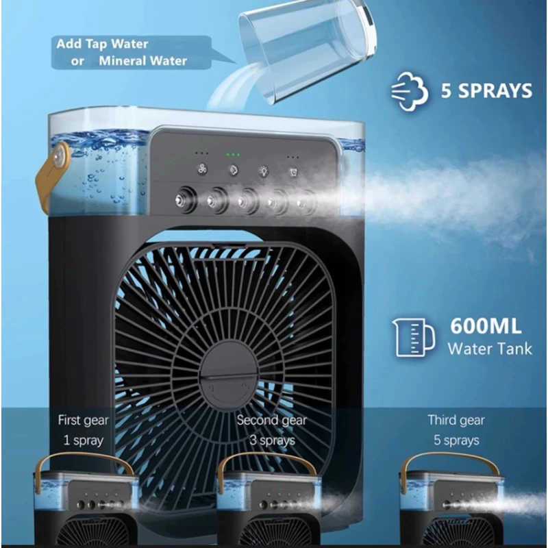 Ar Condicionado Portátil 3 em 1 – Ventilador, Umidificador e LED USB Tipo-C Silencioso e Econômico