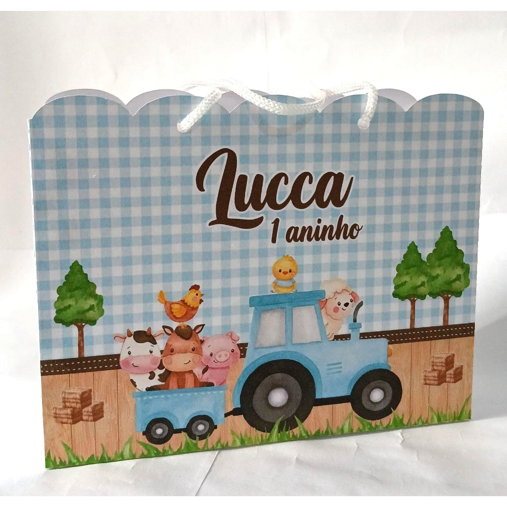 "Sacolinha Personalizada Fazendinha azul Lembrancinha Aniversário Festa Infantil 18,5x14,5x6,5"