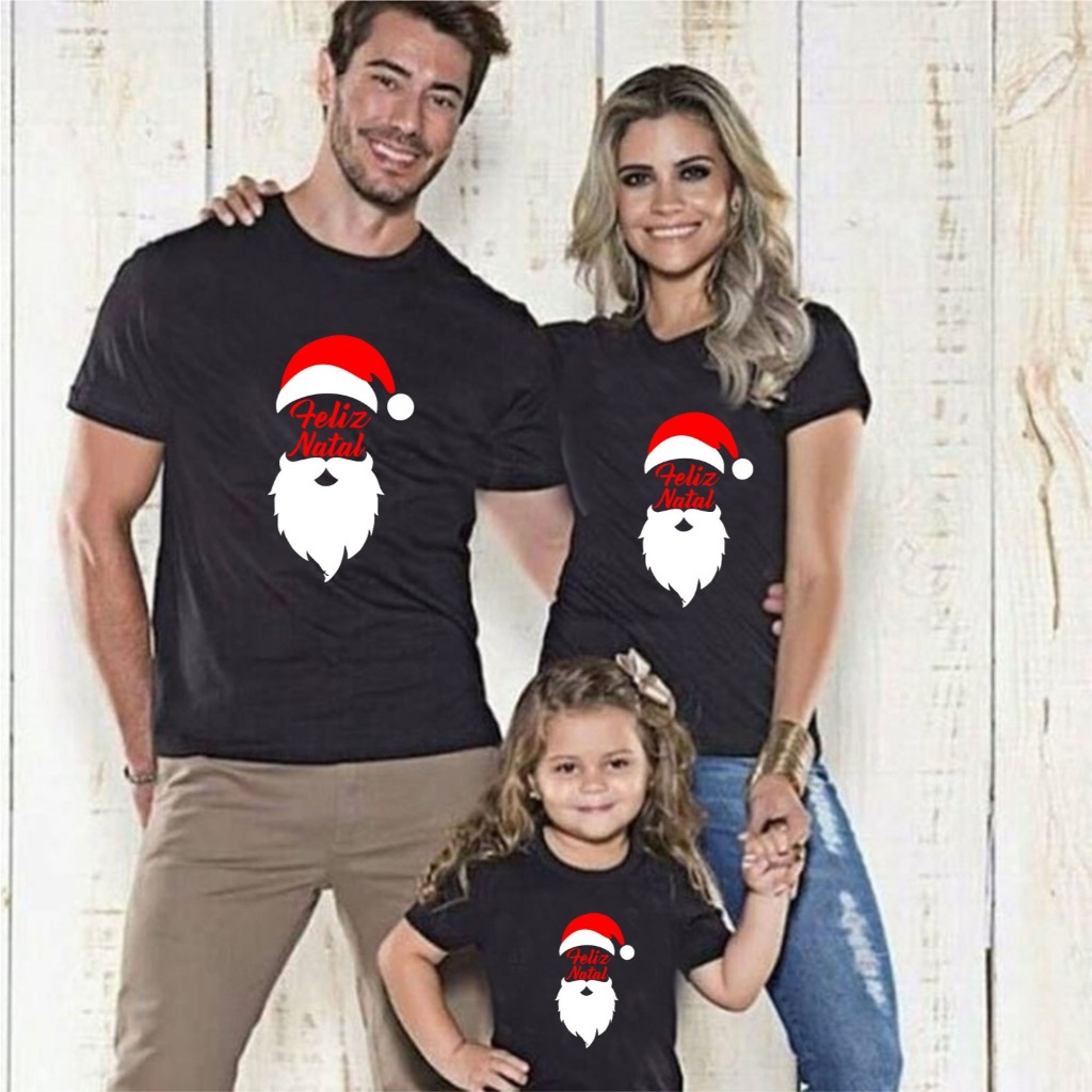 CONJUNTO KIT CAMISETA PAPAI NOEL GORRO TOCA FELIZ NATAL TAL MAE PAI FILHO FILHA BEBE