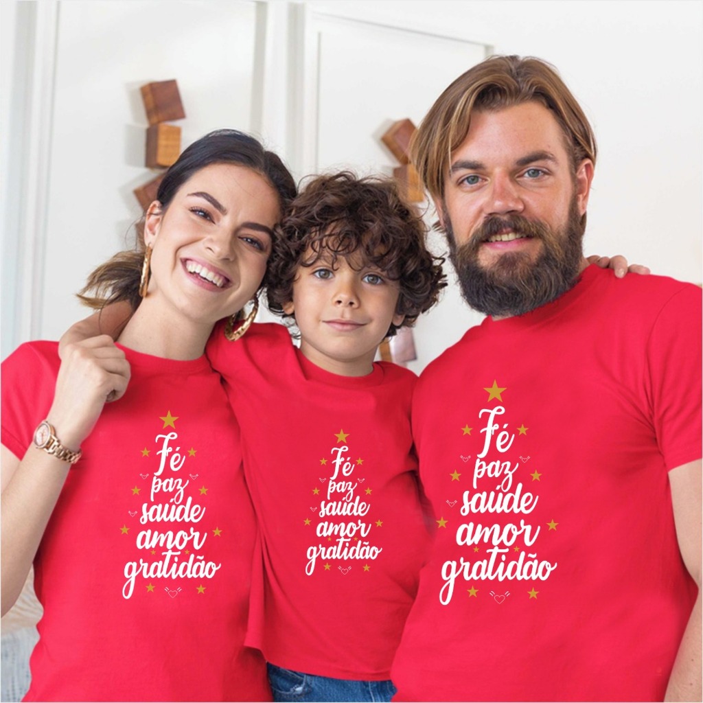 CONJUNTO KIT CAMISETA VERMELHA GRATIDAO  PAZ SAUDE PAPAI NOEL FELIZ NATAL PINHEIRINHO TAL MAE PAI FILHO FILHA INFANTIL