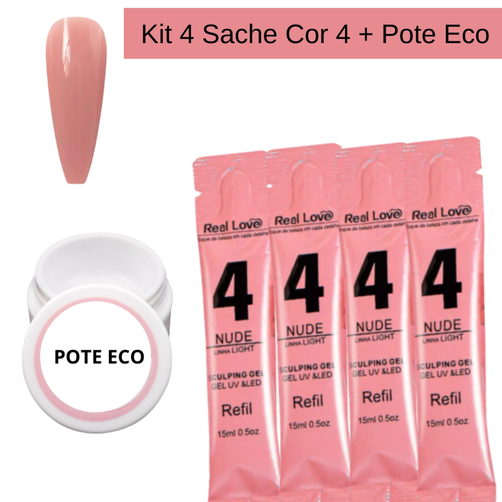 Kit Atacado Real Love – 4 Sachês Cor 4 + Pote Eco | Gel UV Nude Perfeito e Blindagem Perfeito Para Profissional Molde f1