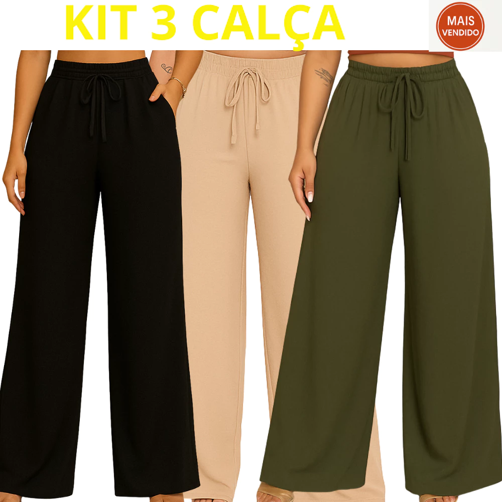 kit 3 Calça Pantalona Duna Feminina Estilosa Conforto Total | Tecido Leve