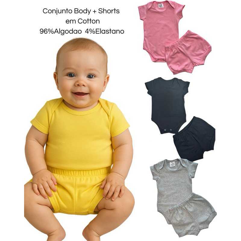 Conjunto Body + Shorts de Menina - Verão Feminino Premium Lisos - Cotton