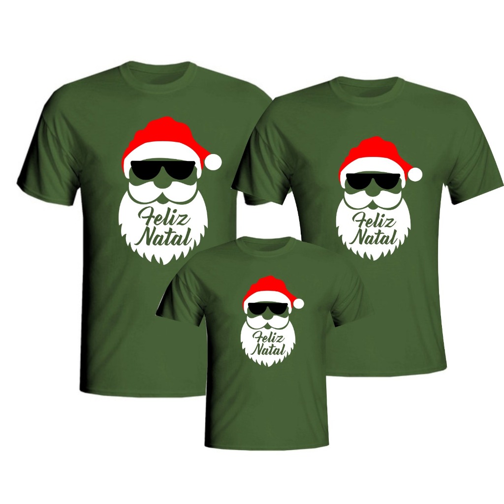 CONJUNTO KIT CAMISETA VERDE PAPAI NOEL OCULOS GORRO TOCA FELIZ NATAL TAL MAE PAI FILHO FILHA BEBE