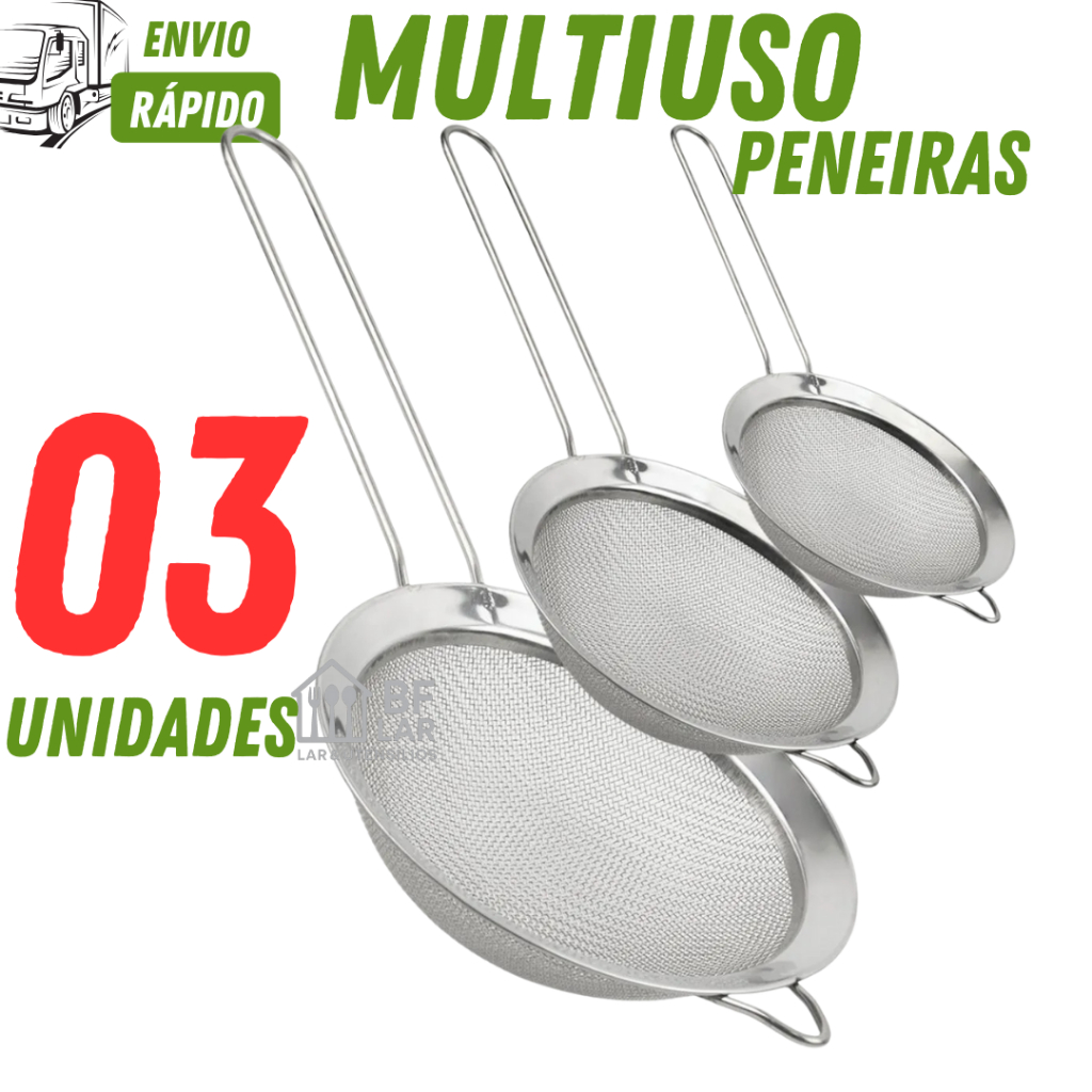 Kit com 03 Peneiras Coadores de 20cm 18cm 14cm  Aço Inox para Várias Utilidade e Cozinha Restaurante