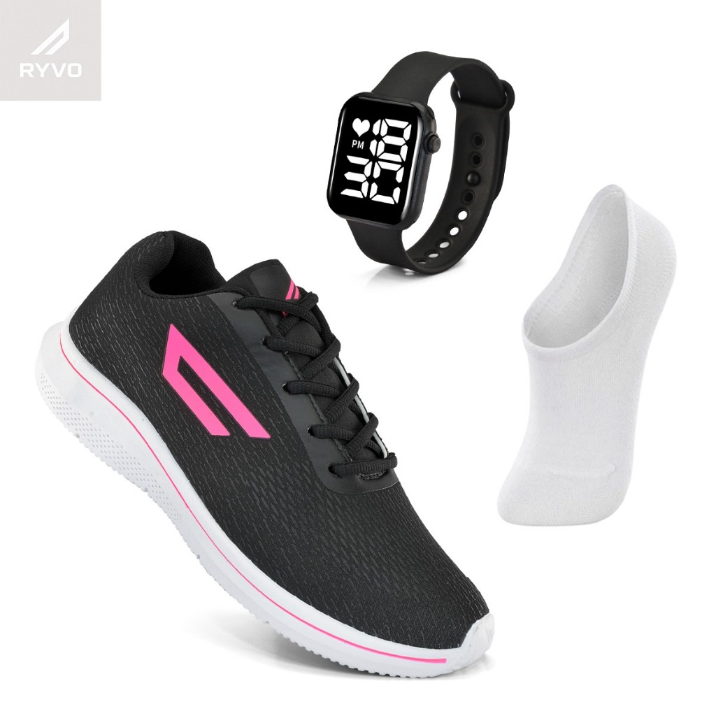 Kit Feminino Esportivo Tenis + Meia + Relogio Digital! Academia Caminhada Trabalho Envio Imediato