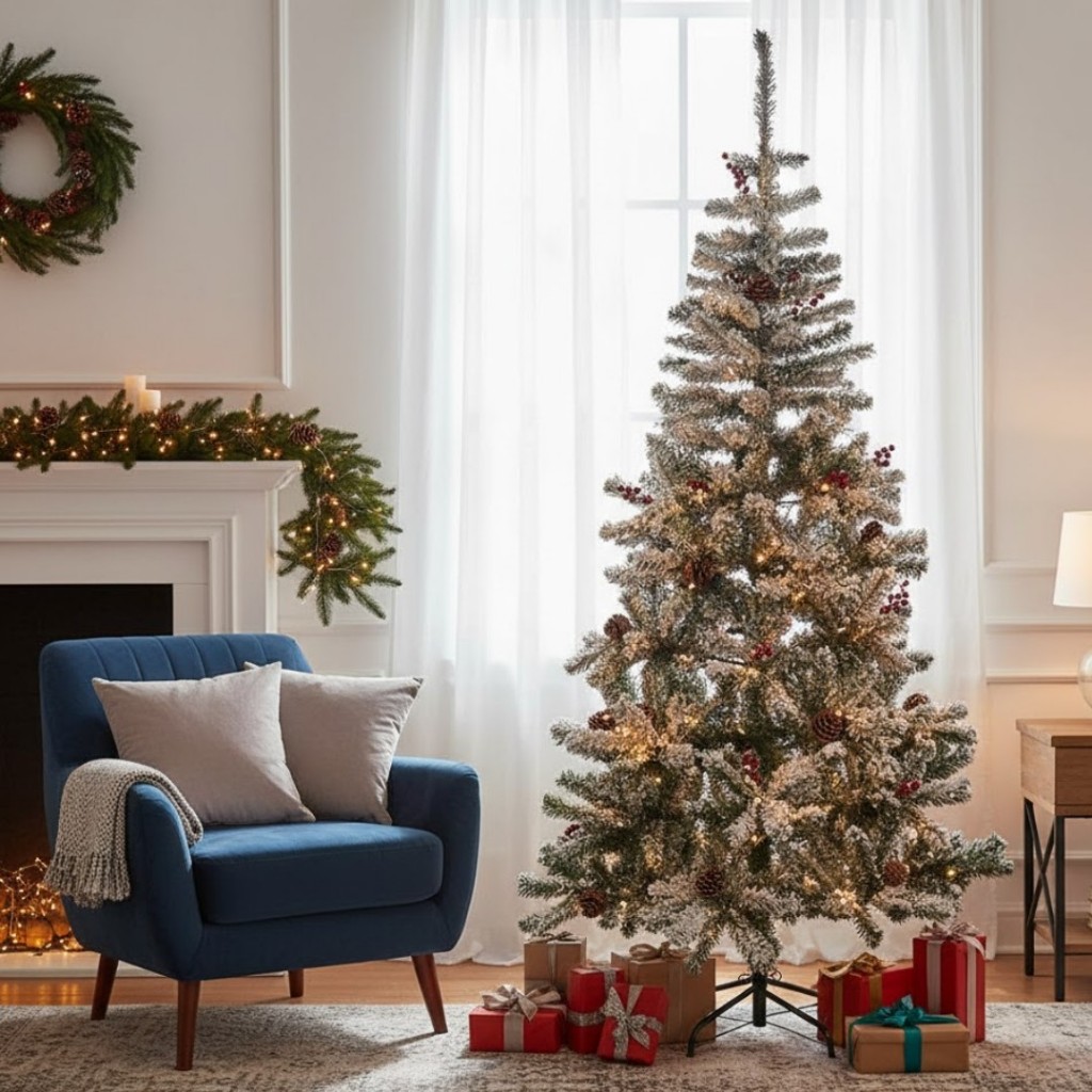Árvore Natal Pinheiro Luxo 1,80m Altura Pés Metal Nevada Com Enfeites Verde Decoração Fácil Montagem