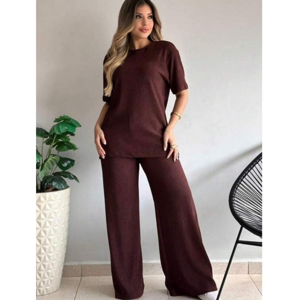 Conjunto Atemporal Feminino Confortável Pantalona e Blusa Oversized