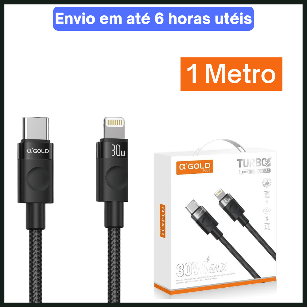Cabo A’Gold CB124 Lightning 30W USB-C para iPhone 1 Metro Turbo, Nylon Reforçado e Alta Durabilidade em Oferta na Shopee
