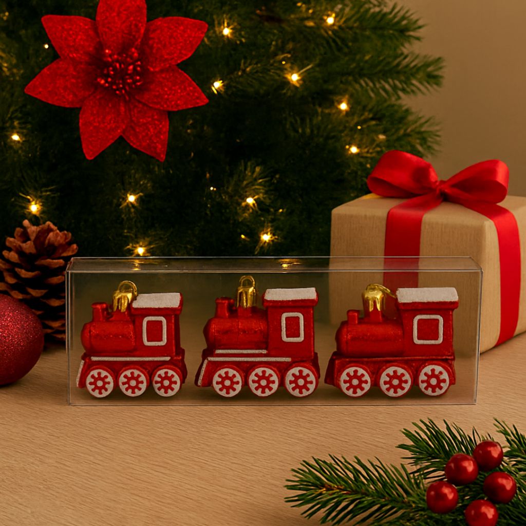 Kit 3 Trens Ornamentais Enfeite Trenzinhos Natalinos Locomotivas Decorativas com Detalhes Brilhantes