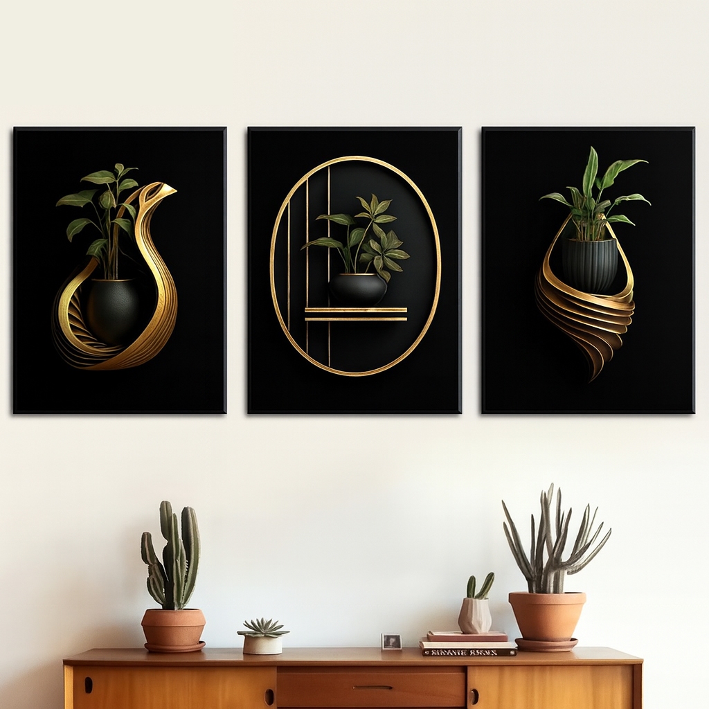Quadro Decorativo Vaso Flores Preto e Dourado Sala Grande Hall