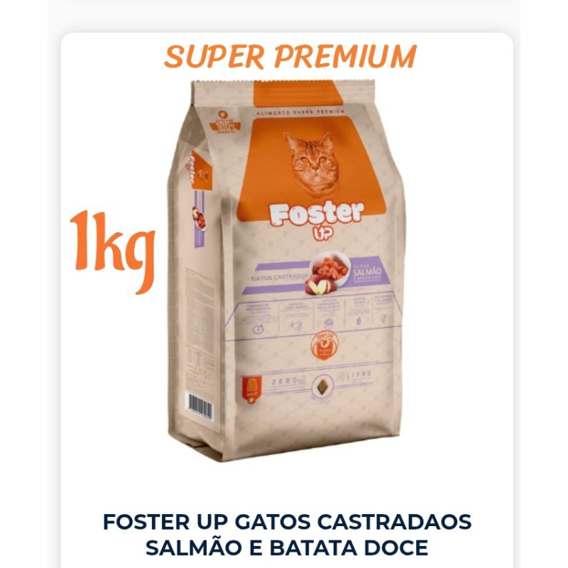 1kg FOSTER UP SUPER PREMIUM, Gatos Castrados, Salmão com Batata Doce, ração super Premium para gatos adultos castrados.