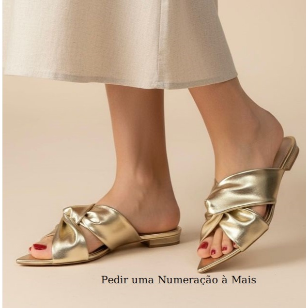 Sapatilha Feminina Confortável Luxo Elegante Sapato Feminino Rasteira Bico Folha Ouro