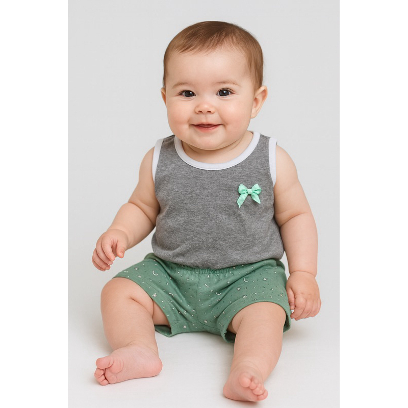 Conjunto Bebê Cinza e Verde Estampado Estrelas | Look Fresquinho e Confortável