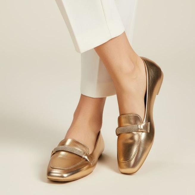 Sapatilha Feminina Confortável Luxo Mocassim Sapato Feminino Bico Quadrado Rosê Strass