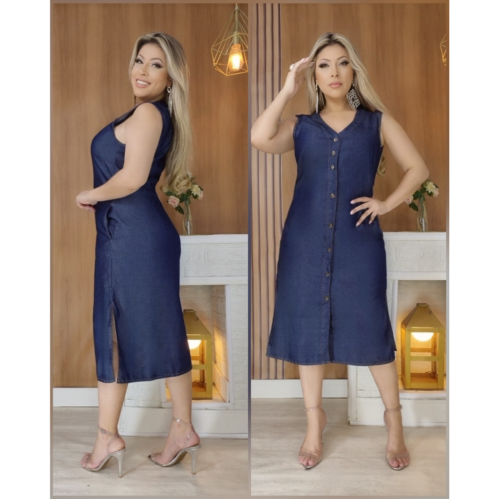 vestido midi sem mangas jeans escuro com bolsos laterais botões funcionais na frente veste até  48 em Oferta na Shopee