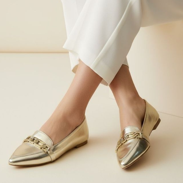 Sapatilha Feminina Confortável Luxo Elegante Sapato Feminino Mocassim Bico Fino Ouro Corrente