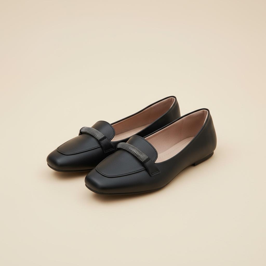 Sapatilha Feminina Confortável Luxo Elegante Mocassim Sapato Feminino Bico Quadrado Preto Strass