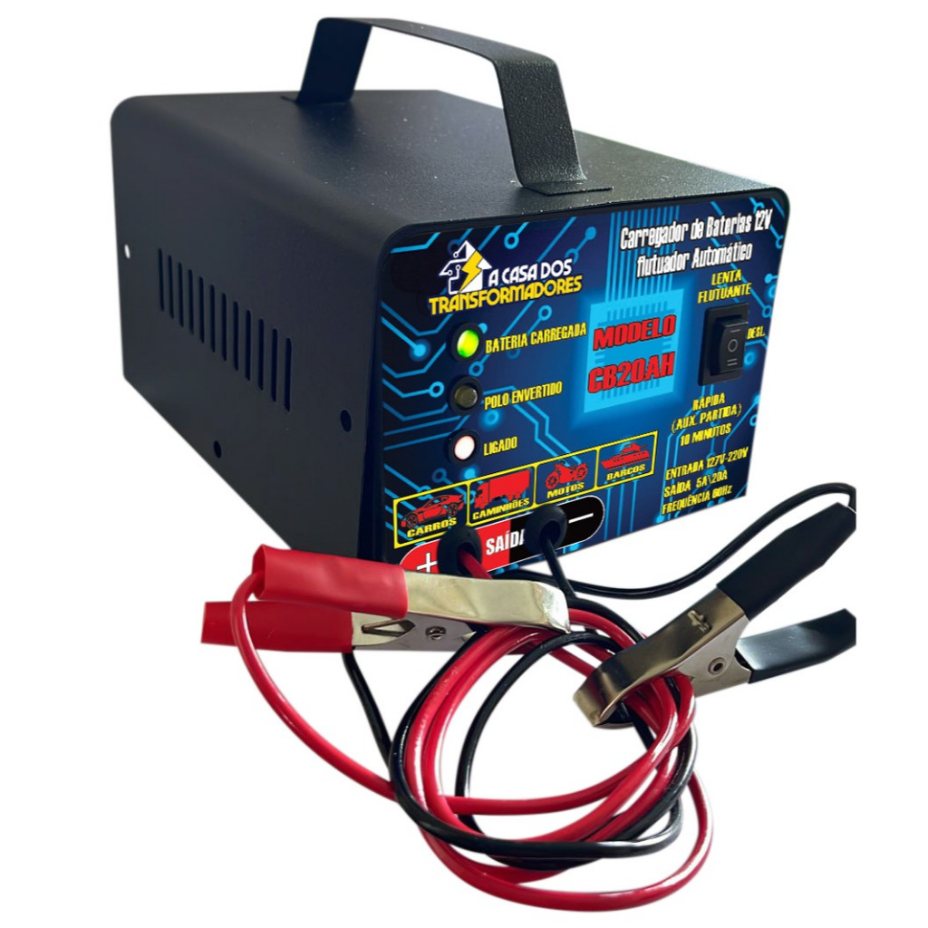 Carregador Automotivo de Bateria LED Carro Moto Portátil 12V CBL 20ah até 300a FLUTUANTE Casa das Fontes