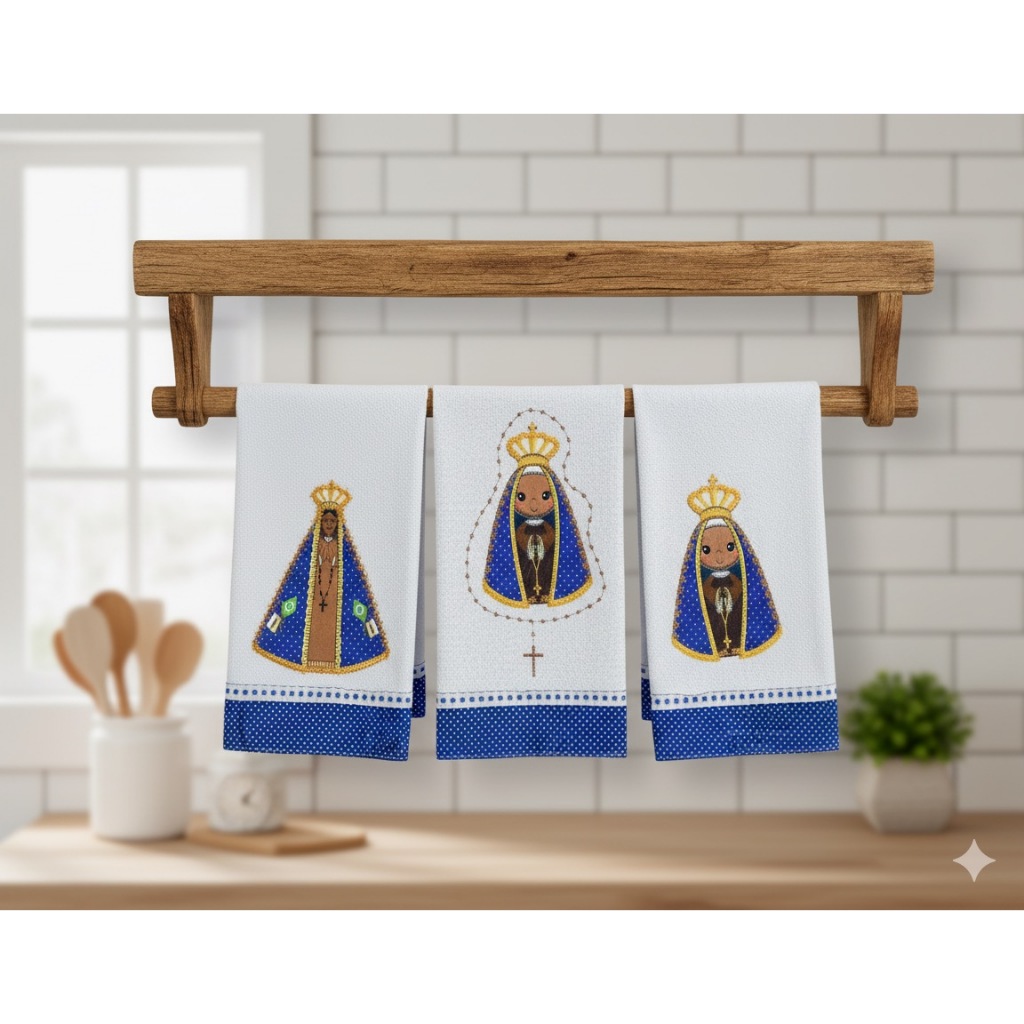 Pano De Prato Guardanapo 3 Unidades Bordado Patchwork Nossa Senhora Aparecida 100% Algodão Cozinha
