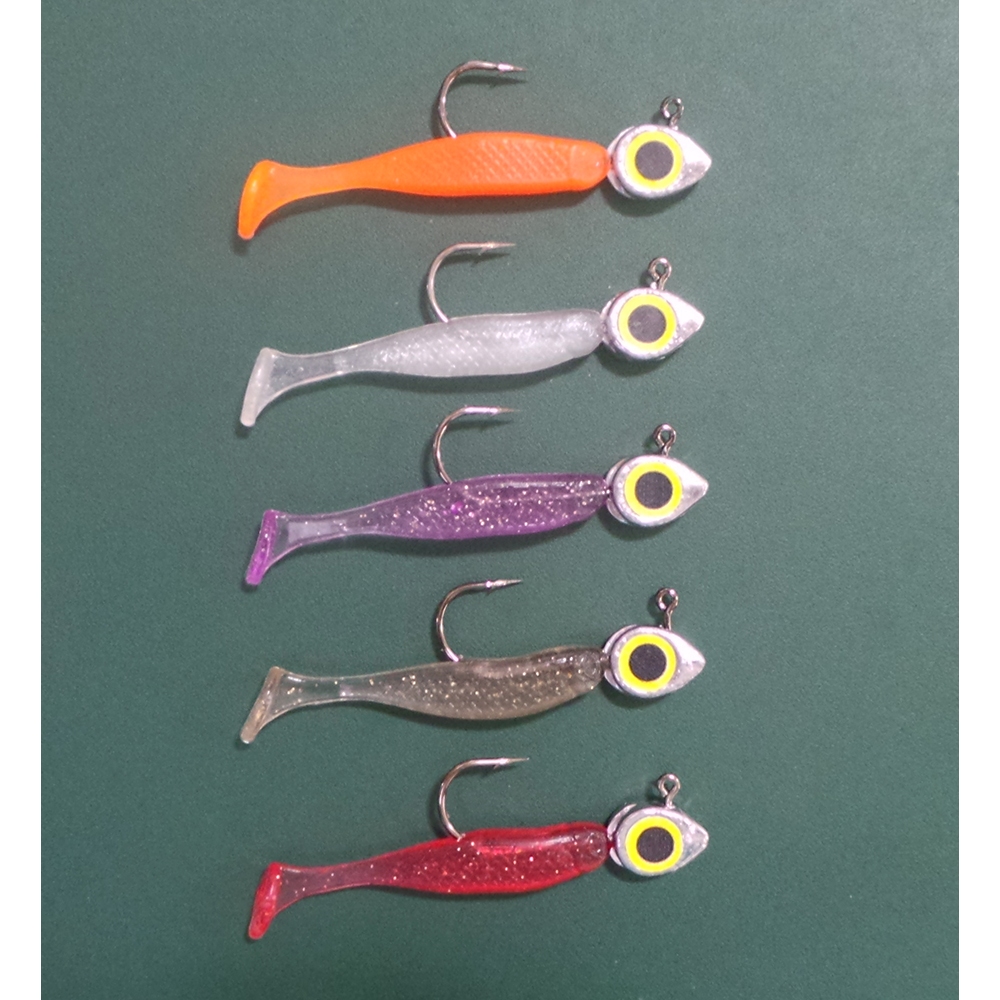 Kit Isca Micro Shad 5 cm com Jig Head Dragon Eyes - 5 unidades Robalo Corvina Pescada Tucunaré em Oferta na Shopee