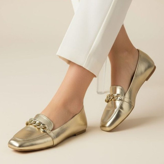 Sapatilha Feminina Mocassim Bico Quadrado Corrente Confort Casual Metalizado Ouro Light.vipcalcadosjau em Oferta na Shopee