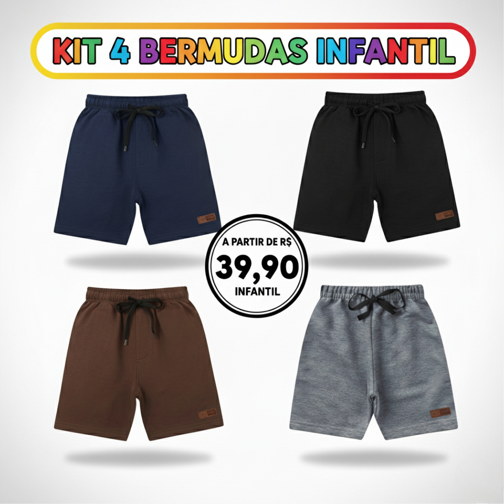 Kit C/ 4 Bermudas Para Menino Moletinho de Algodão - Kit Sortido Com 4 Cores Variadas
