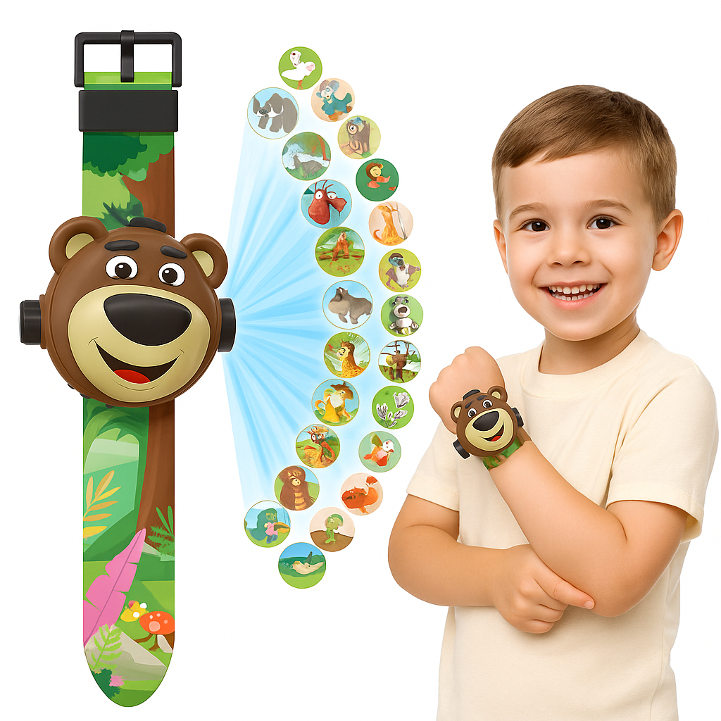 Relógio Projetor Ursinho com 24 Slides de Animais Urso e Floresta Diversão e Aprendizado Infantil