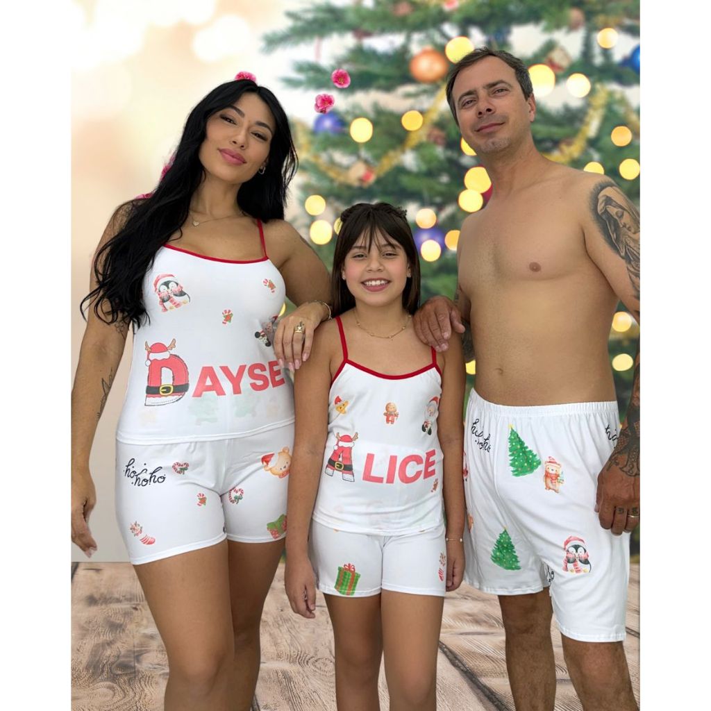 Kit Pijama Família 3 peças Pai Mãe Filho OU Filha Natal Personalizado Nome Baby Doll Suede Samba Canção Adulto Infantil
