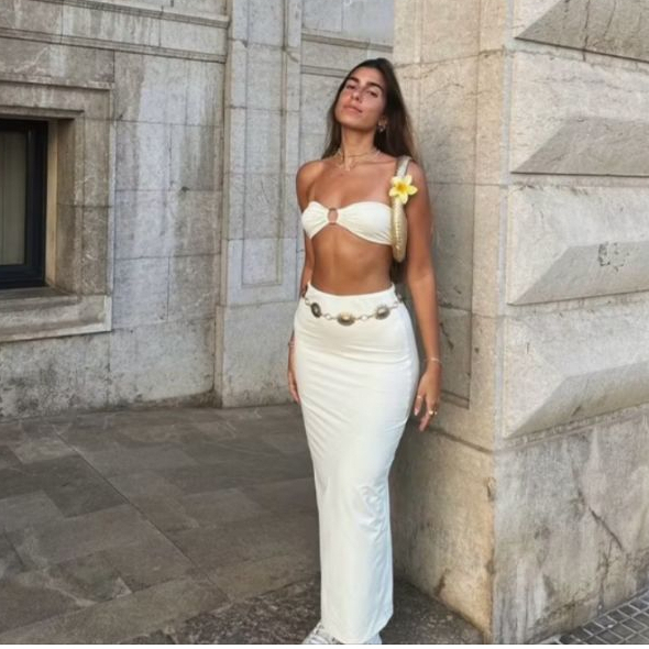 conjunto laura  top mais saia longa e argola no top em Oferta na Shopee