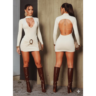 Vestido Feminino thatila Curto | Manga Longa | Decote e Recorte Costas | Festa & Balada em Oferta na Shopee